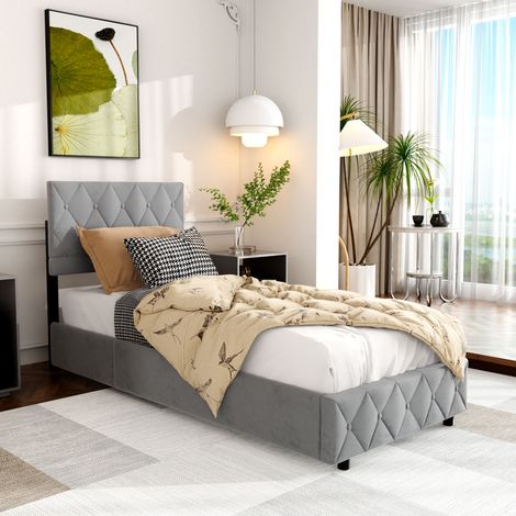 Letto imbottito 90x200 cm funzionale con struttura rivestita in velluto grigio OKMYHOME (1/5)