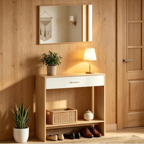 Console ingresso con specchio da parete, 91,5 x 27,9 x 85,5 cm, rovere e bianco DESVIAE (1/5)