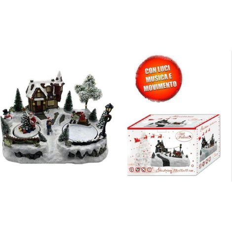 Villaggio Giostra Giostrina Casa Babbo Natale con Luce Musica e movimento a batteria 31,5x23x20cm