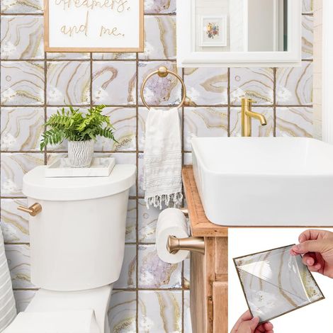 Lot de 30 autocollants à décoller et à coller pour carrelage mural de cuisine ou de salle de bain Doré blanc 15 cm (1/5)