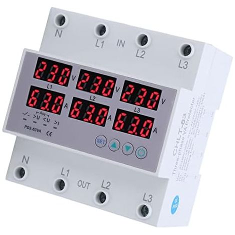 AC390‑500V 3 Phase DIN Rail Voltmètre Ampèremètre Protecteur de Surintensité de Surtension Réinitialisation Automatique Affichage Numérique Tension Courant Temps Réel(63A) (1/5)