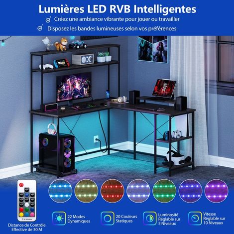 Table de gaming en L avec bande LED et prises de courant, bureau d'angle avec support pour écran/CPU - gris (1/5)