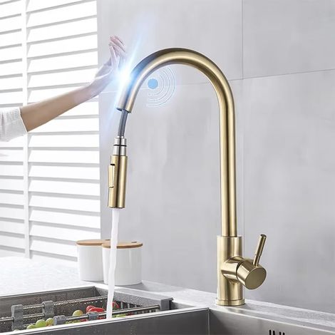 Robinet de cuisine à filtre tactile (SensorBrushed Golden) avec douchette extractible et double poignée, mitigeur d'évier noir. (1/5)