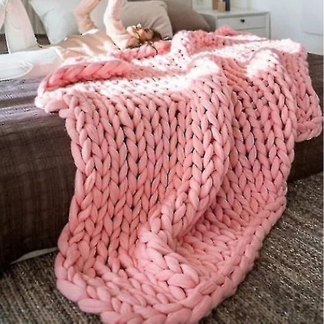 Grande couverture épaisse en grosse maille, jeté de canapé en laine - 80 x 80 cm - Rose (1/5)