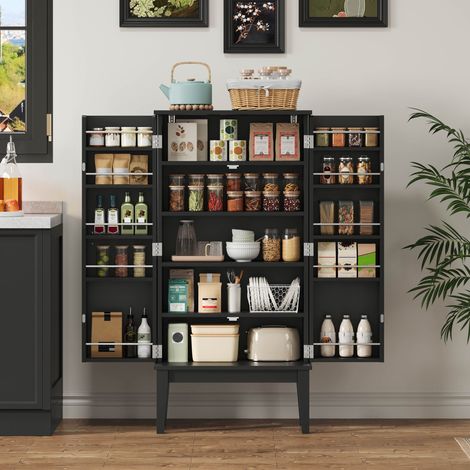 Credenza da Cucina con 2 Ante e 5 Vani, Ripiani su Ante, Stile Vintage, in MDF, 120 x 59 x 30 cm, Nero (1/5)