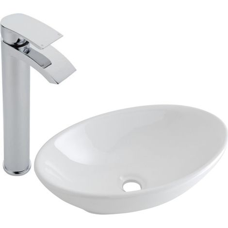 Milano Altham 520mm x 320mm White Ceramic Oval Countertop Bathroom Basin Sink - With High Rise Tap (1/5)