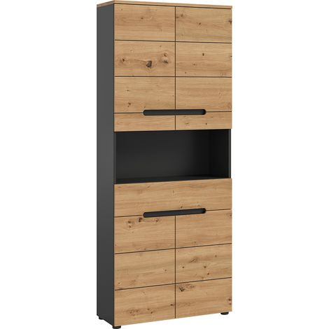 Badezimmer Hochschrank mit 76 cm Breite in Eiche mit grau, 4 Türen & 1 offenes Fach CORTANA-158 (1/5)