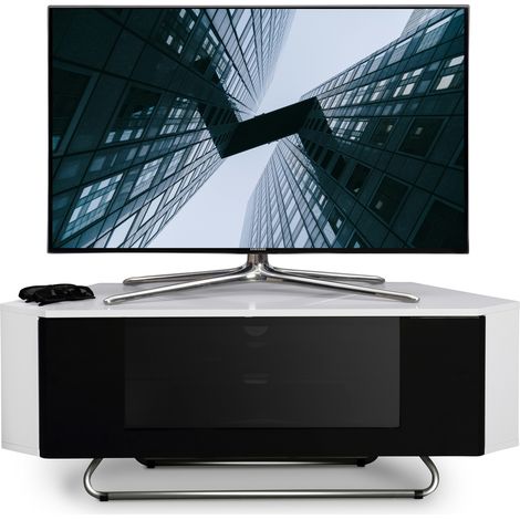 Homeology Hampshire Corner-Friendly Gloss White with Black Contrast Beam-Thru Remote Friendly Door 26"-50" Flat Screen TV Cabinet