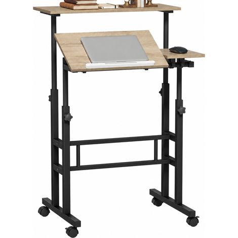 Bureau assis debout - HOMCOM - réglable en hauteur - 70 x 60 cm - à roulettes - avec plateau inclinable - cadre en métal - marron (1/5)