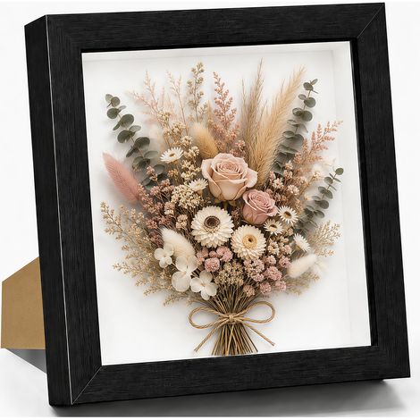 Cadre photo 3D à remplir, 22,8 x 22,8 cm, en bois profond, jusqu'à 3 cm, profond, à remplir, pour objets, fleurs, cadeau de mariage ou souvenirs, noir (1/5)