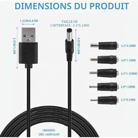 USB Cable Converter, 1M DC 5V to 0.5 x 0.3 cm Barrel Jack Adapter Power Cord with 5 Connectors for Router Camera TV Box Recorder Micro Tablet (1/4)