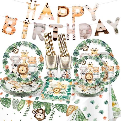 Vaisselle de fête Safari Jungle pour 25 invités, 127 pièces, assiettes en papier, tasses en papier, serviettes, pailles jetables, pour décoration d'anniversaire garçon (vert) (1/5)