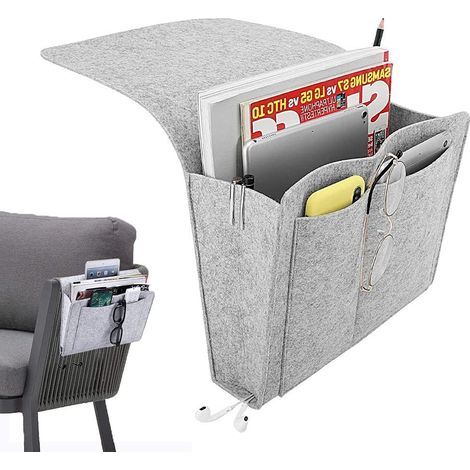 Chevet Canapé Organisateur, Poche de lit de Chevet, Sac de Rangement à Suspendre, pour Téléphone, Télécommande, Magazine, Lunettes, Livre, Pad Avec Trous de Câble et 5 Poches (Gris Clair) (1/5)