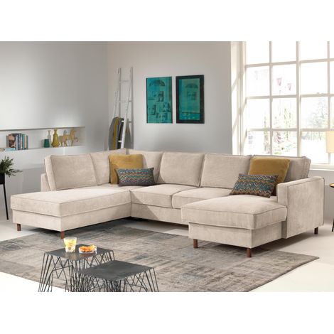 Lisa Design – Canapé d'angle convertible 7 places – Coffre de rangement – Revêtement velours côtelé beige – Dimensions couchage 260x129 cm