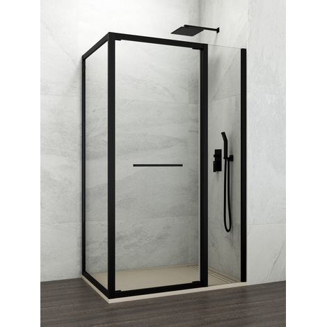 Box doccia angolare SPAZIO con pannello frontale fisso, porta pivotante e lato fisso, 130x90 cm, profilo nero opaco, vetro trasparente, 60 cm pannello fisso, 70 cm porta pivotante (1/5)