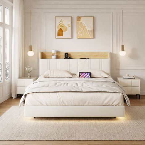 LED Lit flottant 160x200, Cadre de lit avec sommier à lattes, Tete de lit avec rangement et ports usb, lit rembourrée pour adultes, blanc pu (1/5)