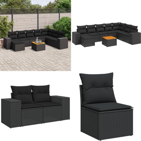 Set Divani da Giardino 9 pz con Cuscini Nero in Polyrattan - Sedute da esterno - Cuscini da giardino