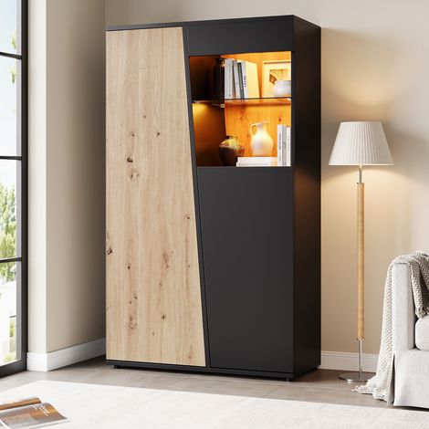 Vitrina con led - 80x35x139.5 cm - mueble alto de salón y oficina con 2 puertas - alacena moderna de madera mdf con estante de vidrio templado - negro y natural (1/5)