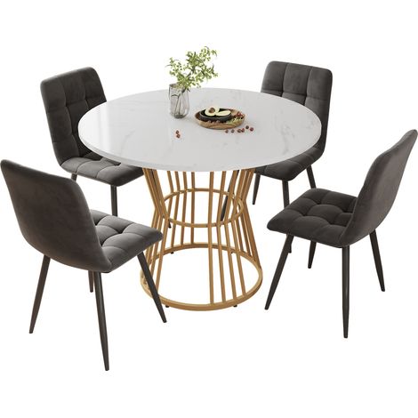 GagaTable à manger ronde 100 cm, 4 chaises, blanc et doré (1/5)