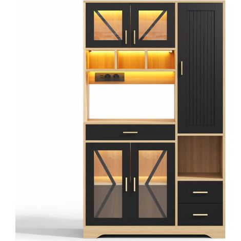 Meuble de cuisine style grange. Ce meuble haut est conçu pour ranger divers objets. Il est équipé d'étagères réglables, de tiroirs et d'un éclairage LED à couleurs changeantes.