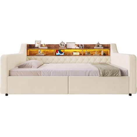 Letto singolo imbottito 90x190 cm in velluto beige con LED, USB-C, 2 cassetti e rete (1/5)