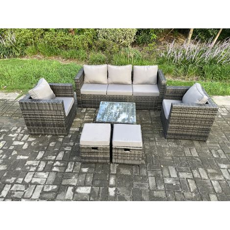 Fimous Mobilier de jardin extérieur en rotin avec Fauteuil Table basse carrée 2 Petits poufs Mélange gris foncé (1/5)