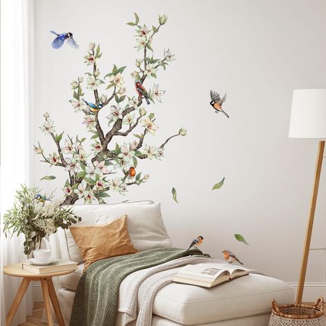 Stickers Muraux Arbres à Fleurs Blanches, Autocollants Muraux Fleurs Blanches, Décoration Murale pour Chambre Salle de Bain (1/5)