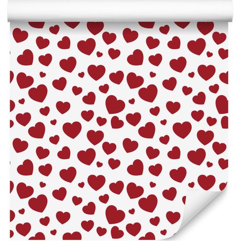 Papel pintado de corazones en blanco, rojo y coral, 50x1000 cm. (1/5)