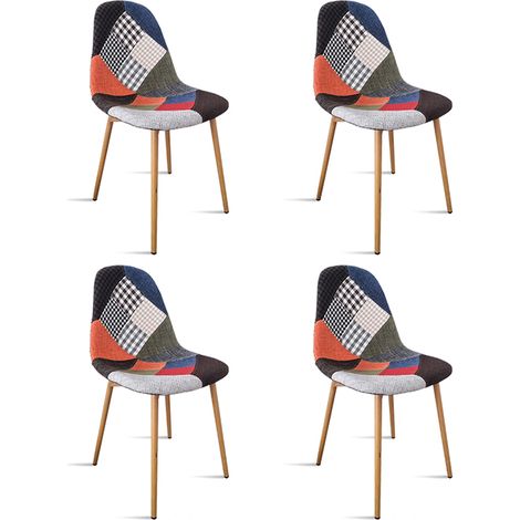 Designetsamaison – Lot de 4 chaises scandinaves patchwork tissu – Structure métal – Hauteur 84 cm – Assise 44 cm – Design rétro pour salon (1/5)