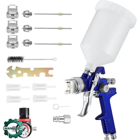 Manuzen - Pistolet peinture HVLP 600 ml – 3 buses et régulateur – Bleu (1/3)