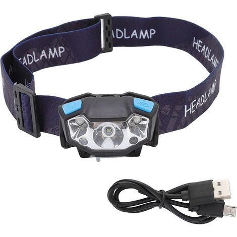 Linterna frontal LED, 5 modos de iluminación, sensor de carga USB, ideal para acampar.