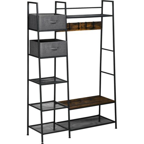 Penderie, Armoire Ouverte, Placard, Porte-Vêtements Solide , 2 Tiroirs et 6 Étagères, pour Chambre, Gain de Place, Marron Rustique (1/5)
