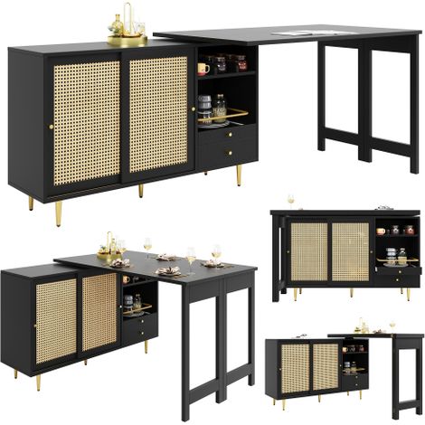 Table de bar pivotante à 360°, table de bar design extensible noire, meuble de rangement avec porte en rotin et étagère ouverte, idéale pour la cuisine et la salle à manger. (1/5)