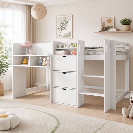 Letto a soppalco 90/200 cm bianco con spazio contenitore e scala stabile