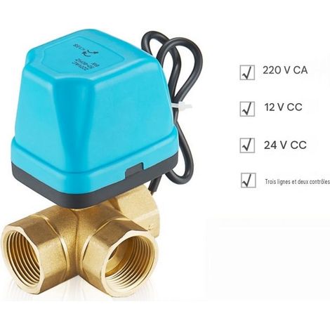 Vanne à bille motorisée 3 voies DN20 AC220V, 3 fils 2 commandes, corps en laiton, pour chauffage climatisation eau (1/5)