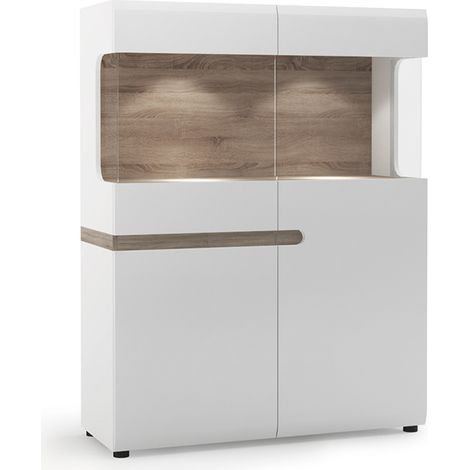 Ess-/Wohnzimmer Highboard weiß Hochglanz mit Trüffel Eiche Nb. LEGNICA-129, B/H/T ca. 109,5/143,5/42 cm (1/4)