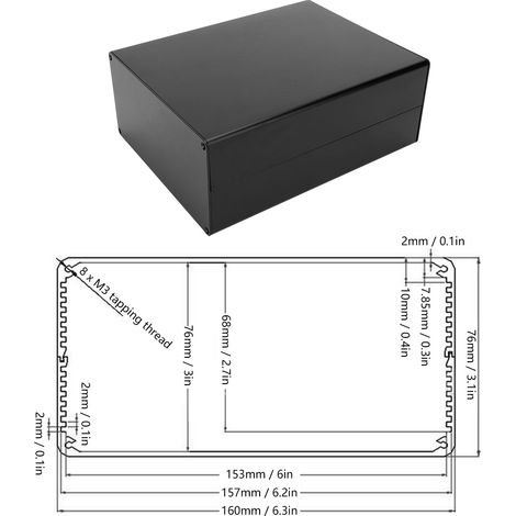 Industrielles Leiterplattengehäuse aus Aluminiumlegierung, 80 x 160 x 200 mm, sandgestrahlt und schwarz oxidiert. (1/5)
