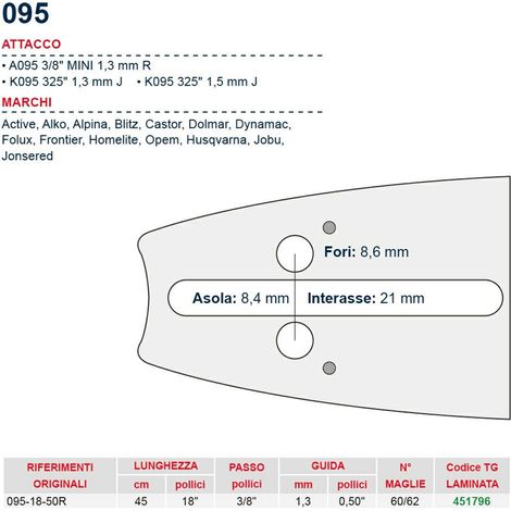 Barra motosega 45 cm - 18" passo 3/8" Spessore 1.3 mm - .050" attacco 095 - 451796