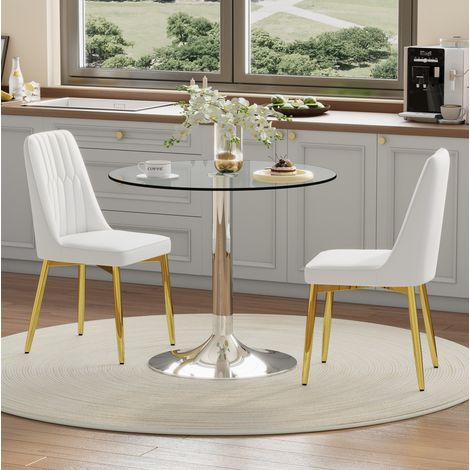 Esszimmergarnitur aus Glas und Metall in Transparent/Silber, mit 2 PU-Leder-Stühlen in Weiß/Gold, Tisch Ø85 x 76 cm (1/5)