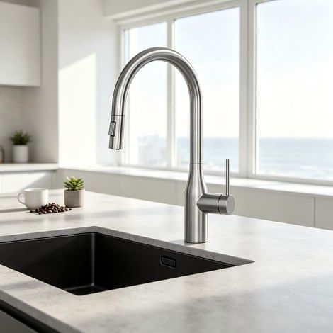 CECIPA MAX Grifo de cocina extensible de acero inoxidable para fregadero con 2 tipos de chorro, giratorio 360°, grifos de cocina, grifería de cocina, acabado cepillado (1/5)