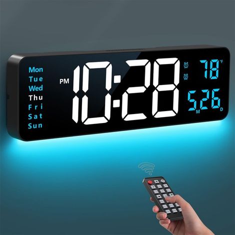 Horloge murale numérique LED 40 cm avec télécommande Grands chiffres de 11,5 cm, date et température Luminosité réglable sur 10 niveaux Affichage 12/24 heures Idéale pour le salon, le bureau et la (1/5)