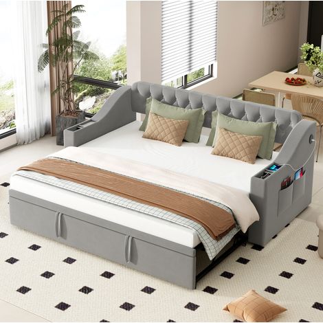 Sofá cama tapizado de terciopelo gris 90x190/180x190 cm con USB, almacenaje y somier de láminas (1/5)