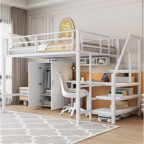 Cama alta con escritorio, armario y estantes 140x200 OKMYHOME (1/5)