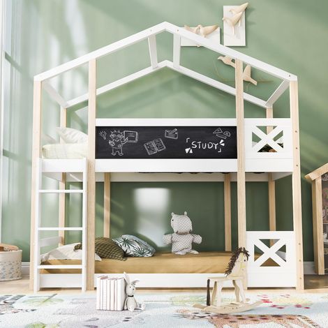 Lit cabane pour enfant avec échelle 90x200cm, lit superposé pour enfant – 2 sommiers à lattes – naturel et blanc, garantie 2 ans