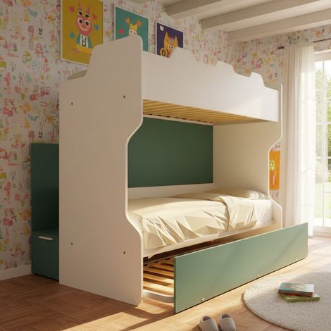 Letto a castello con scala contenitore e terzo letto estraibile - Cameretta salvaspazio - Bianco e Petrolio (1/5)