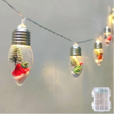 Guirlande lumineuse de Noël vintage à piles, 2 boules à neige de 2,1 m avec minuteur, 10 ampoules LED avec arbre et ornements mignons pour intérieur, chambre à coucher, arbre, cheminée, jardin, fête (1/5)