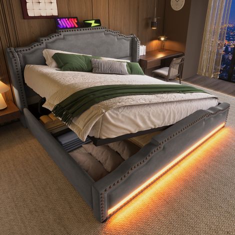 Letto contenitore 140x200 cm con illuminazione LED con telecomando, porta USB-C e rete a doghe, in velluto, senza materasso, grigio (1/5)