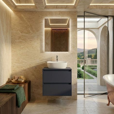 Mobile Bagno Sospeso 60 cm con 2 Cassetti e lavabo appoggio Blu Satinato – Linea