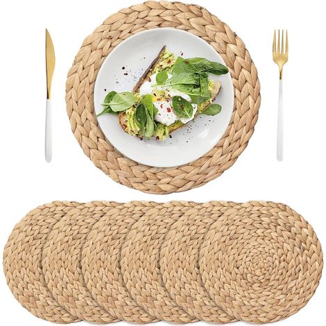 Set de 6 dessous de table tissés 29 cm, nattes rondes en jacinthe d'eau naturelle, sets de table rotin tissé pour table à manger, grands dessous de plat ronds antidérapants résistants à l'eau et à la (1/5)