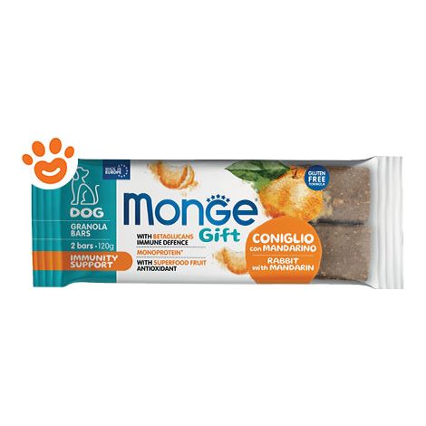 Monge Dog Gift Granola Bars Immunity Support Coniglio con Mandarino + OMAGGIO  - Monge Dog Gift Granola Bars Immunity Support Coniglio con Mandarino + OMAGGIO - Confezione Da 120 Gr + OMAGGIO Monge GI